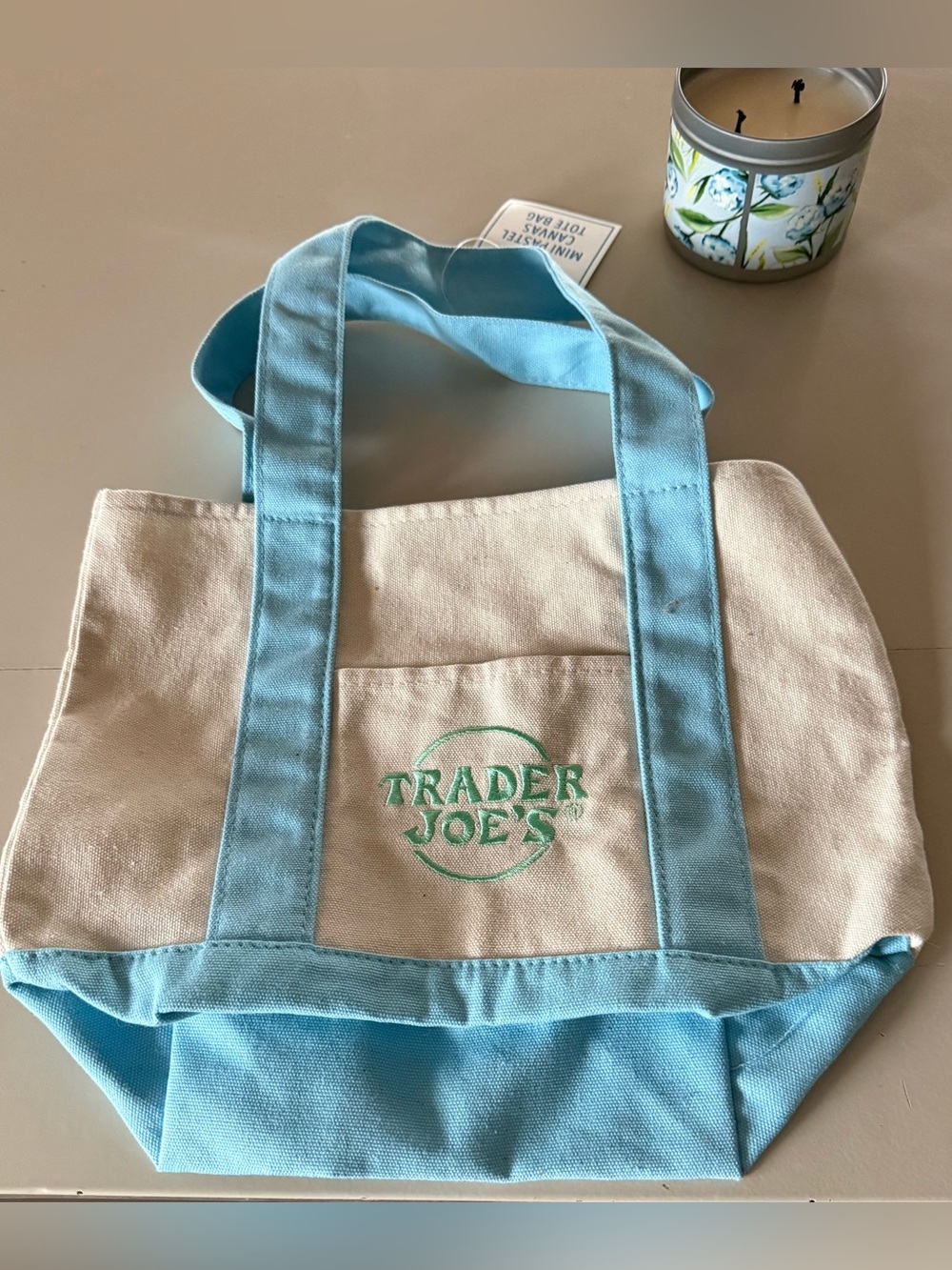Trader Joe's Canvas mini Tote Bag in Light Blue and Cream